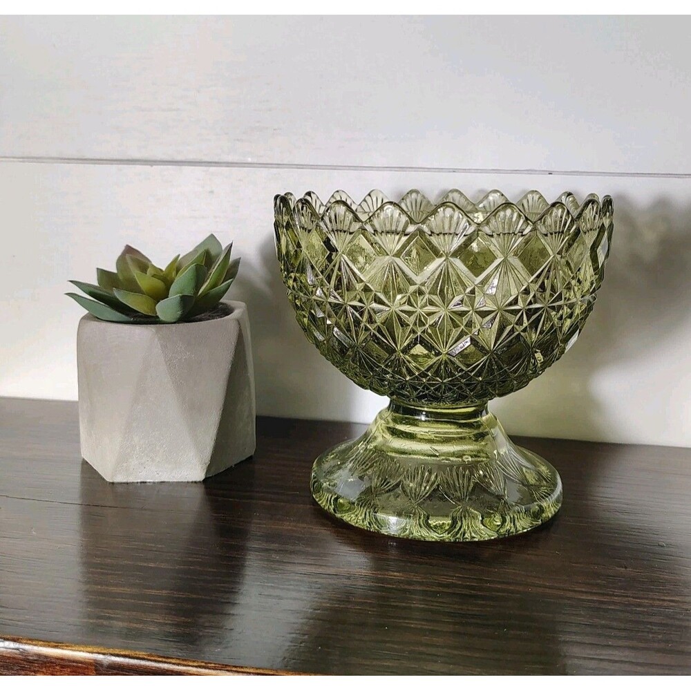 Vintage Green Pressed Glass Compote Bowl Pedestal Starburst Star Pattern Decor